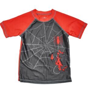 Marvel Spiderman Grey and Red Printed Rash Guard Swim Shirt Boys Size XS Beach